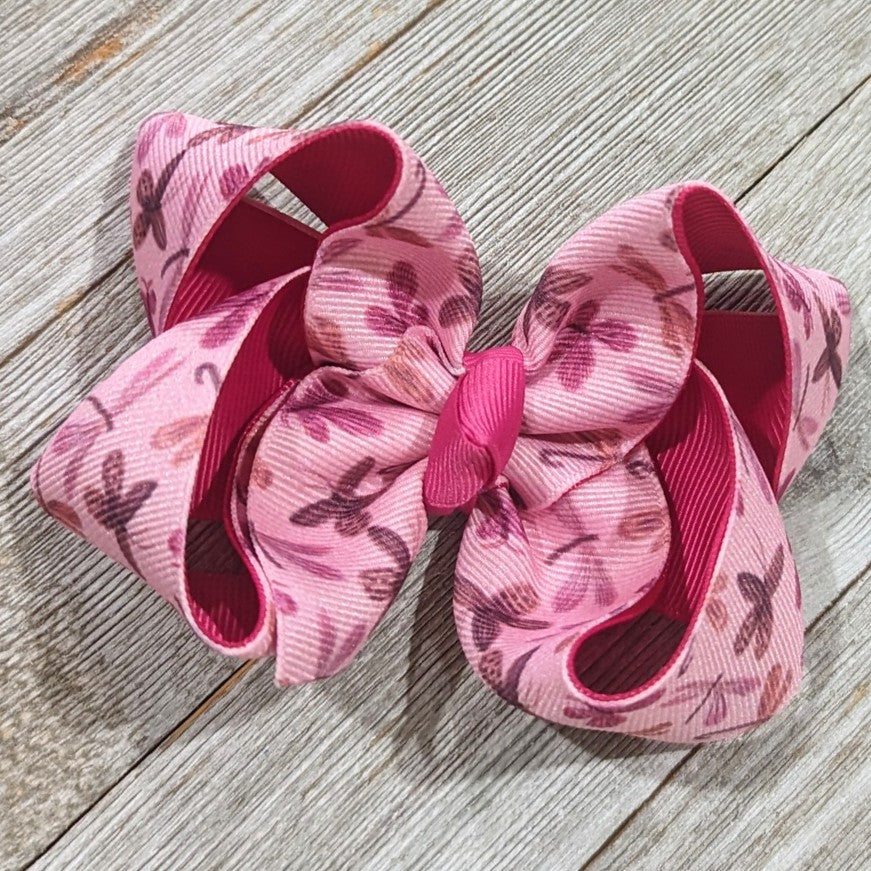 4" Pink Dragonfly and Butterfly Ribbon Hair Bow