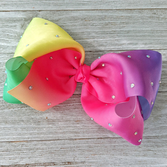 7" Rainbow Rhinestone Ribbon Hair Bows