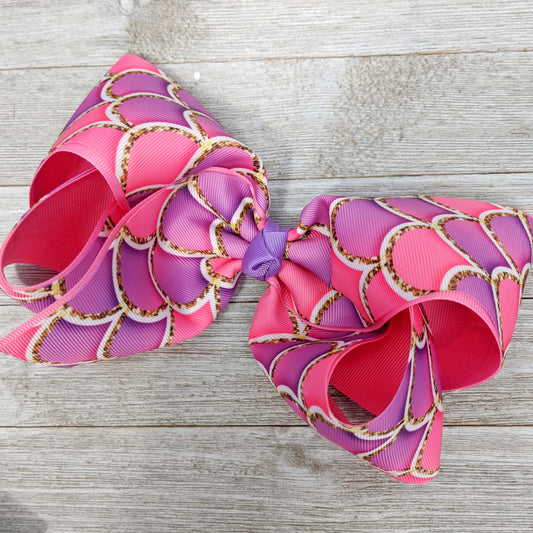 7-8" Pink and Purple Mermaid Scale Ribbon Hair Bow