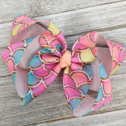 4" Light Pink, Peach, and Aqua Mermaid Scale Ribbon Hair Bow