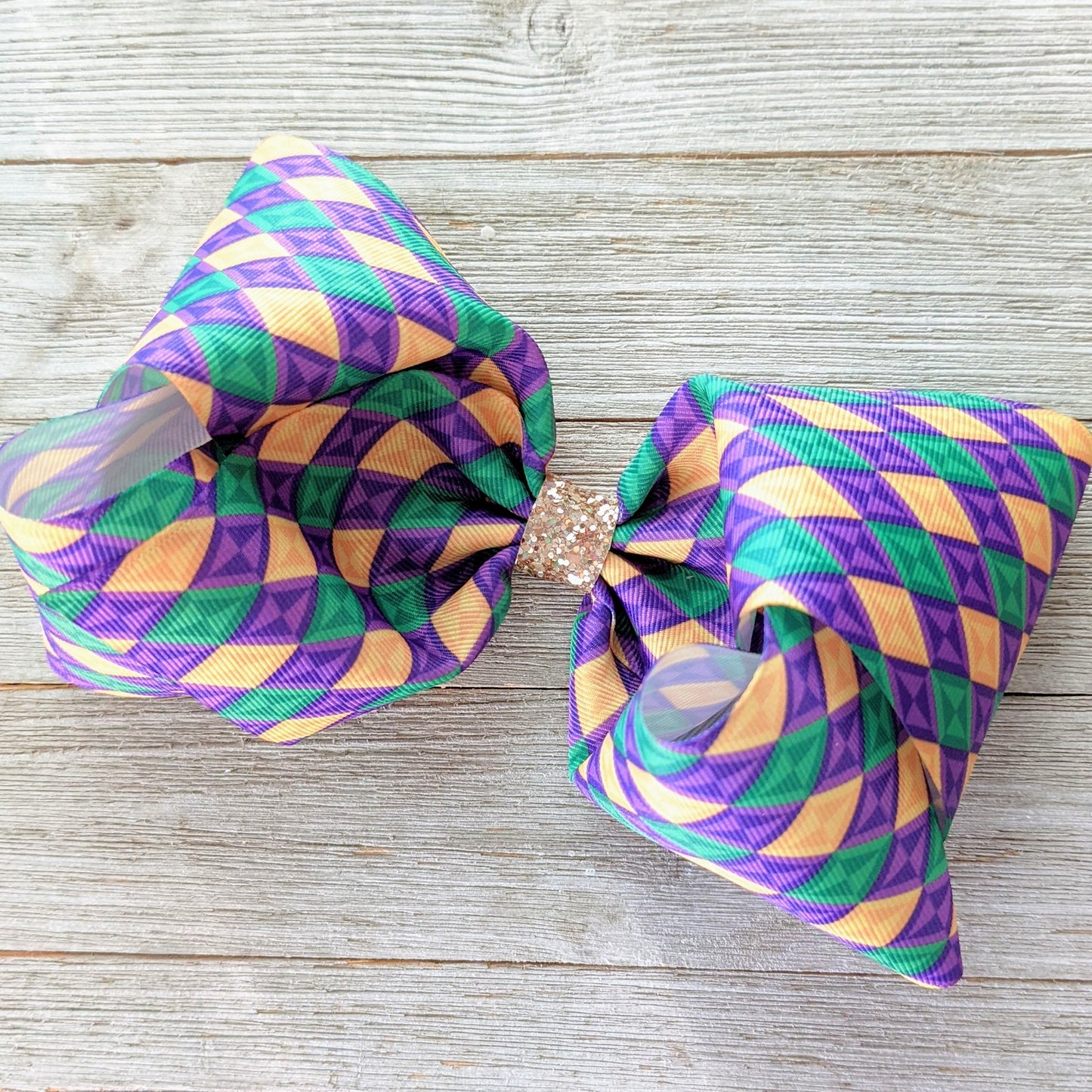 7-8" Mardi Gras Argyle Plaid Ribbon Hair Bow