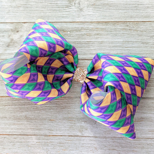 7-8" Mardi Gras Argyle Plaid Ribbon Hair Bow