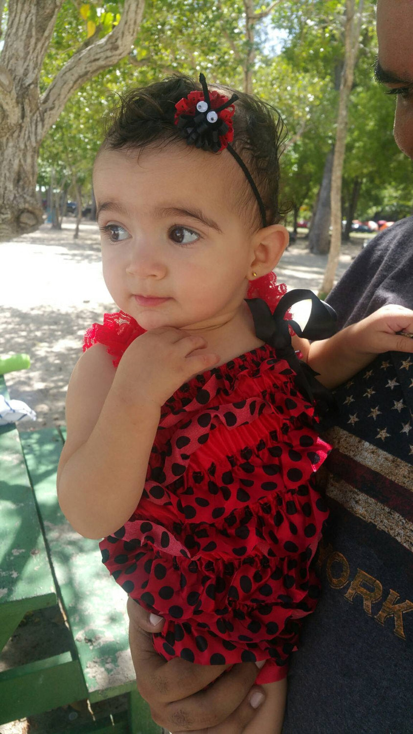 Itty Bitty Lady Bug Puff Bow on Skinny Elastic Headband or Hair Clip