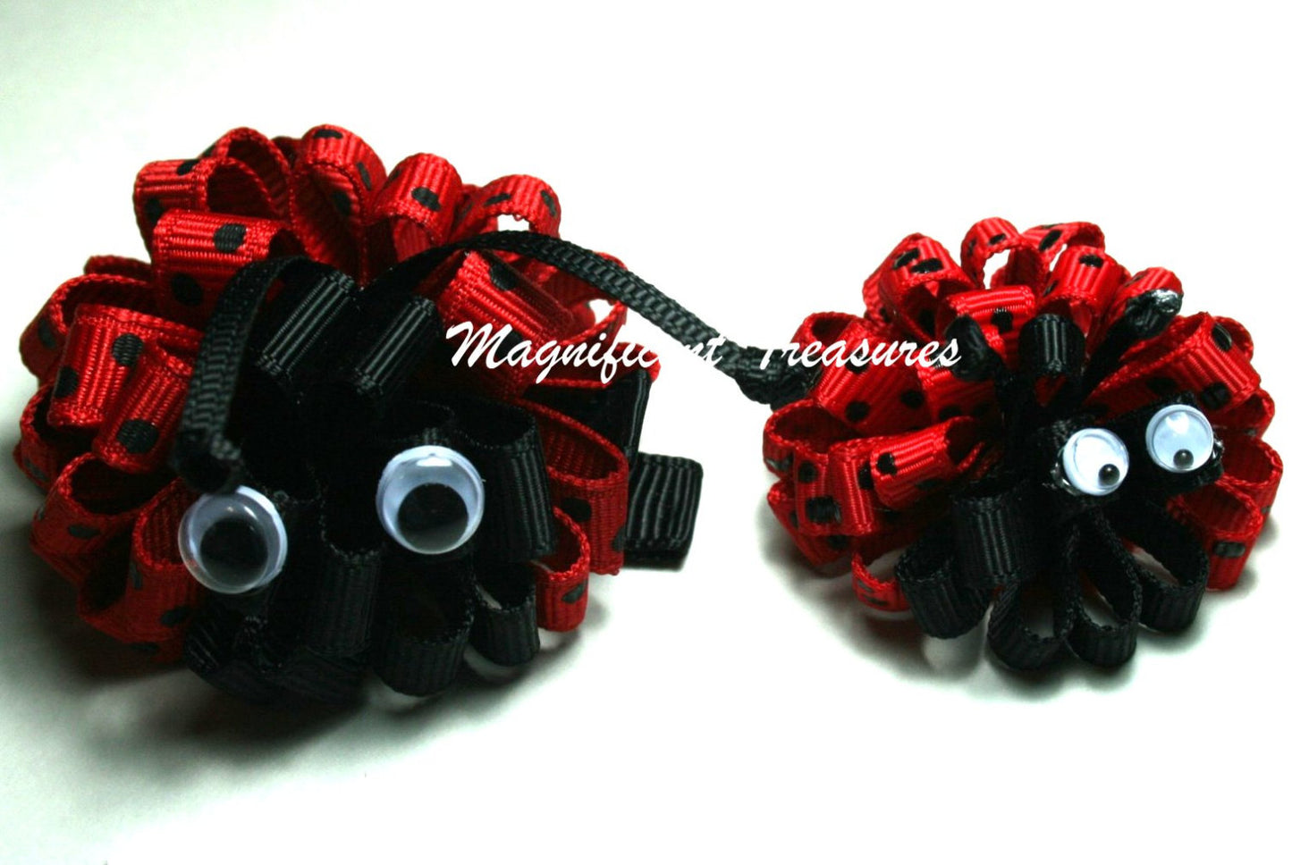 Itty Bitty Lady Bug Puff Bow on Skinny Elastic Headband or Hair Clip