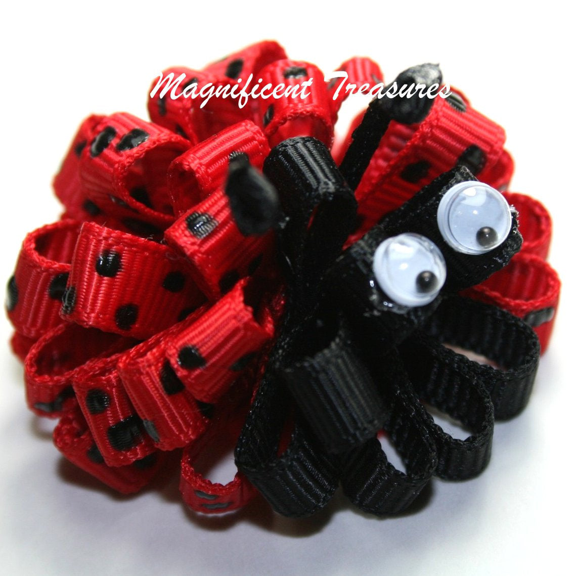 Itty Bitty Lady Bug Puff Bow on Skinny Elastic Headband or Hair Clip