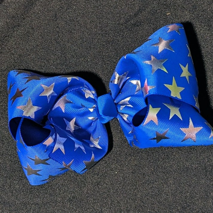 Jumbo 8 Inch Blue and Silver Star Hair Bow