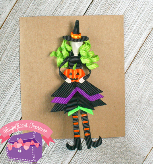 Halloween Witch Ribbon Sculpture Hair Bow or Pin Front View