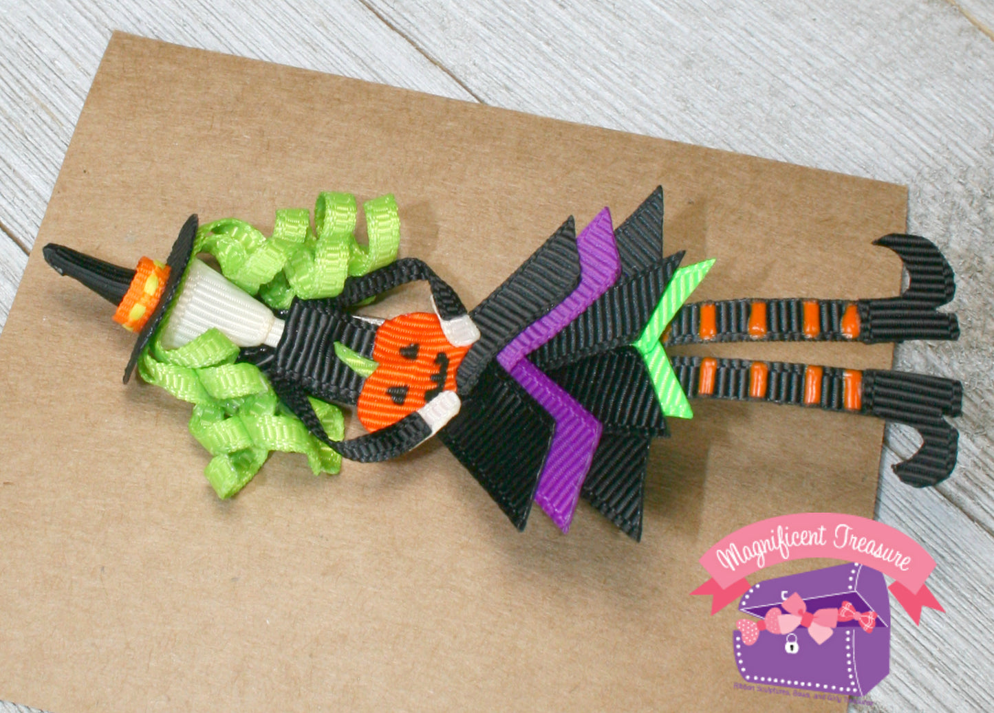 Halloween Witch Ribbon Sculpture Hair Bow or Pin Side View