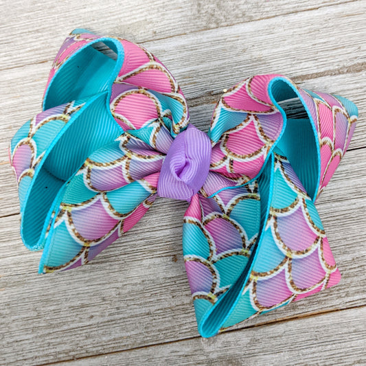 4" Pink, Lavender, and Aqua Mermaid Scale Ribbon Hair Bow