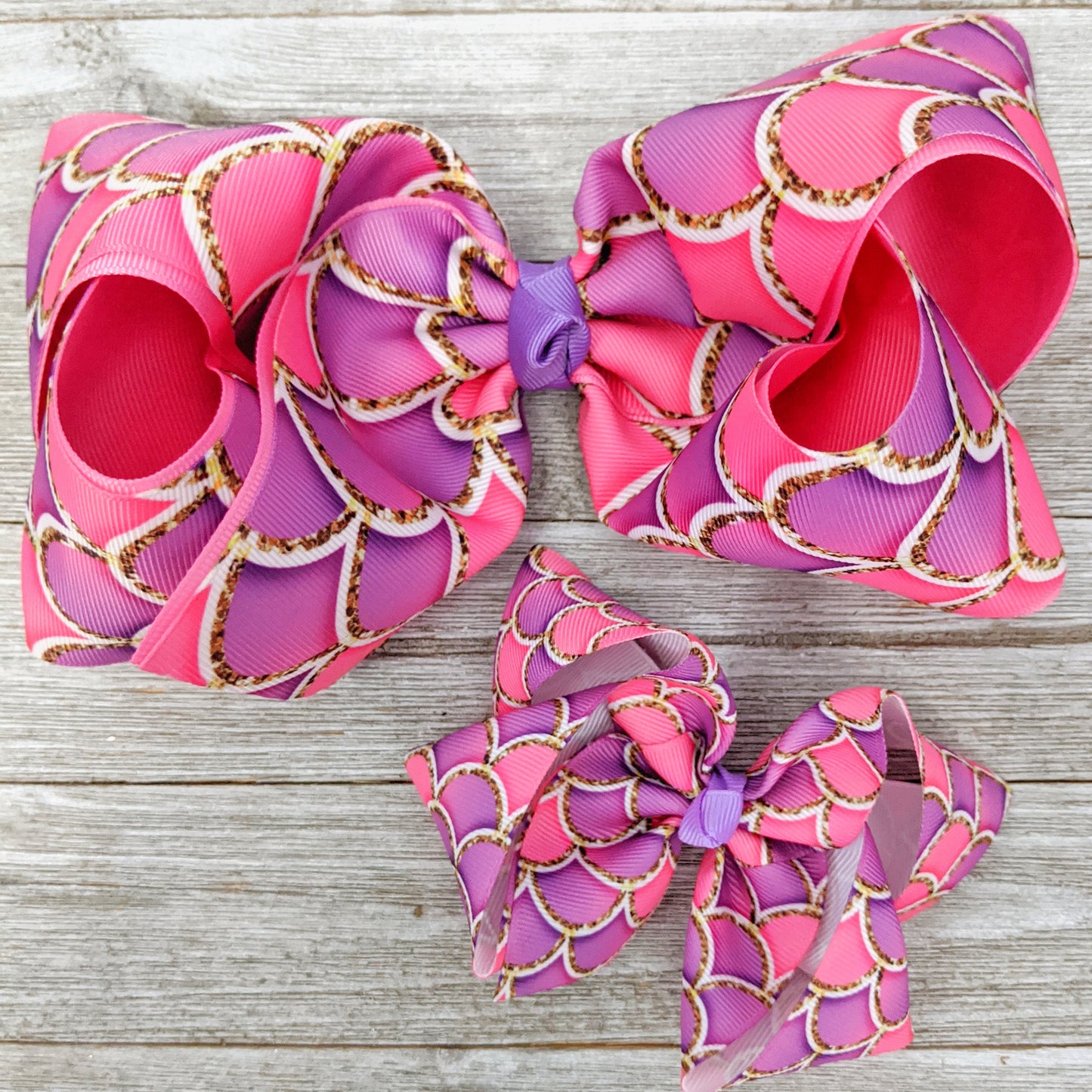 7-8" Pink and Purple Mermaid Scale Ribbon Hair Bow