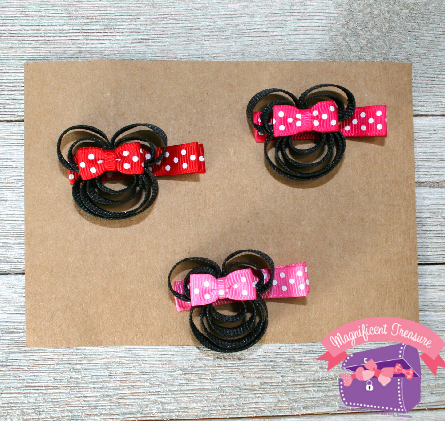 Minnie Mouse Ribbon Sculpture Hair Clip in Pink or Red