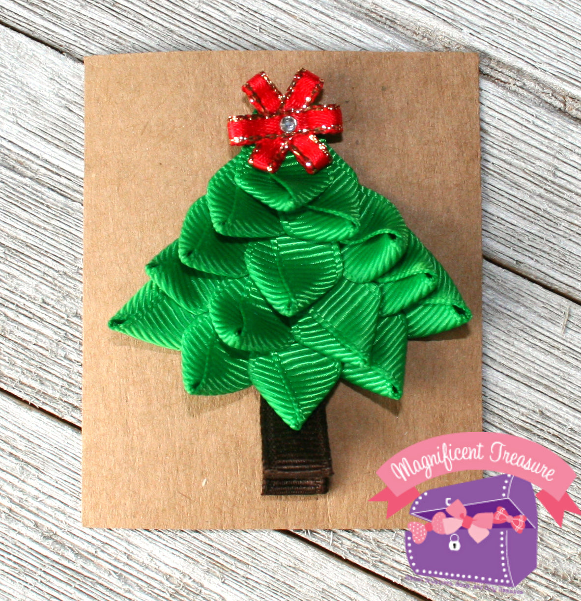 Christmas Tree Hair Clip or Pin, 3D Ribbon Sculpture