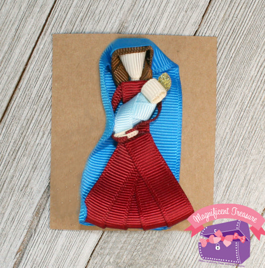 Mary and Baby Jesus Girls Christmas Hair Bow, Pin, or Christmas Tree Ornament Front View