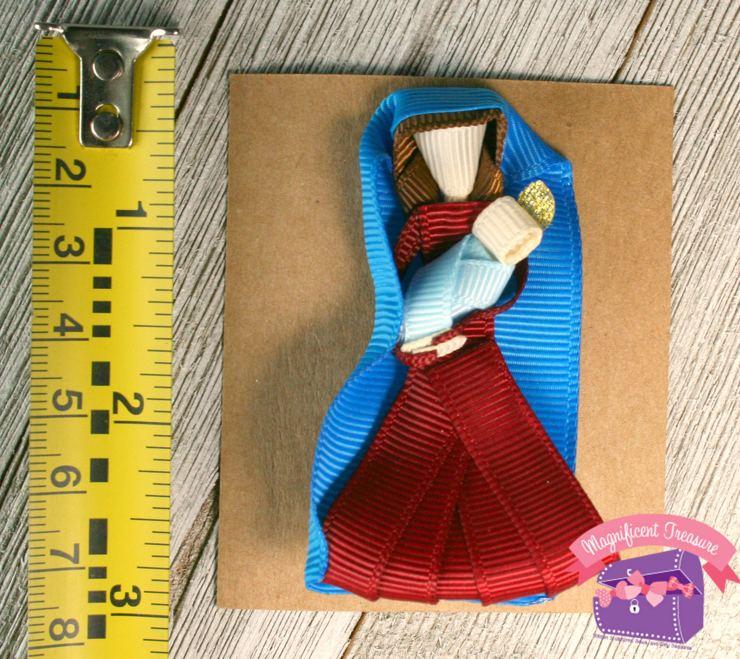Mary and Baby Jesus Girls Christmas Hair Bow, Pin, or Christmas Tree Ornament Front View Measurement