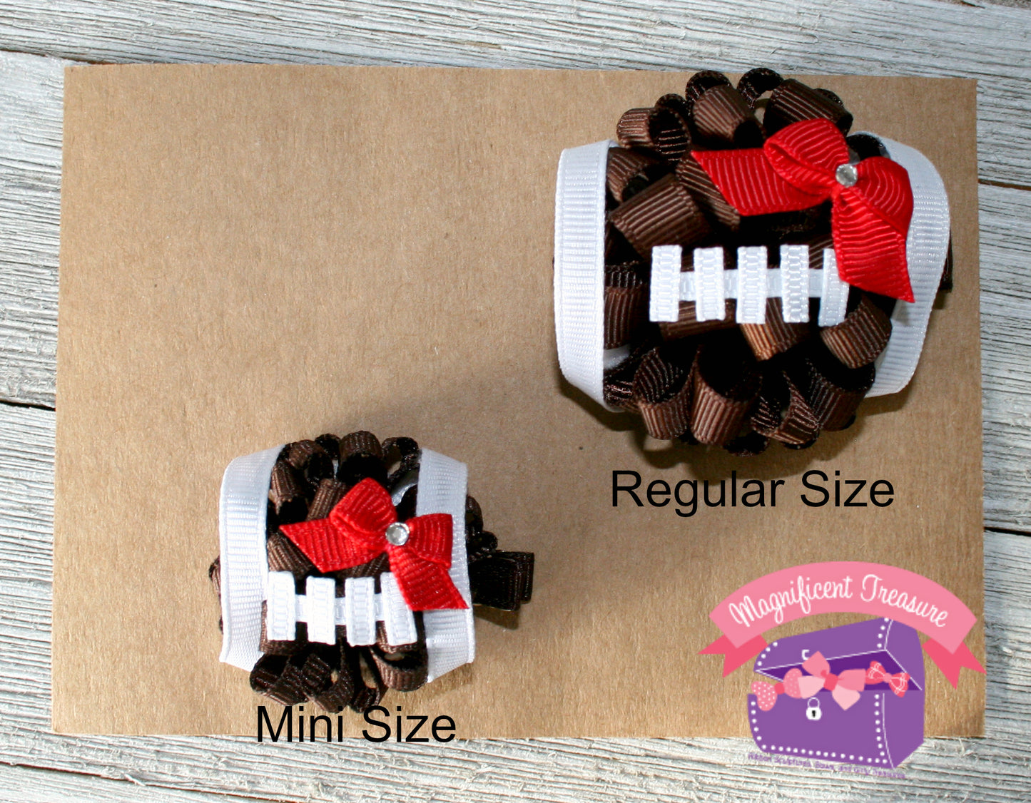 mini and regular football hair bow size comparison