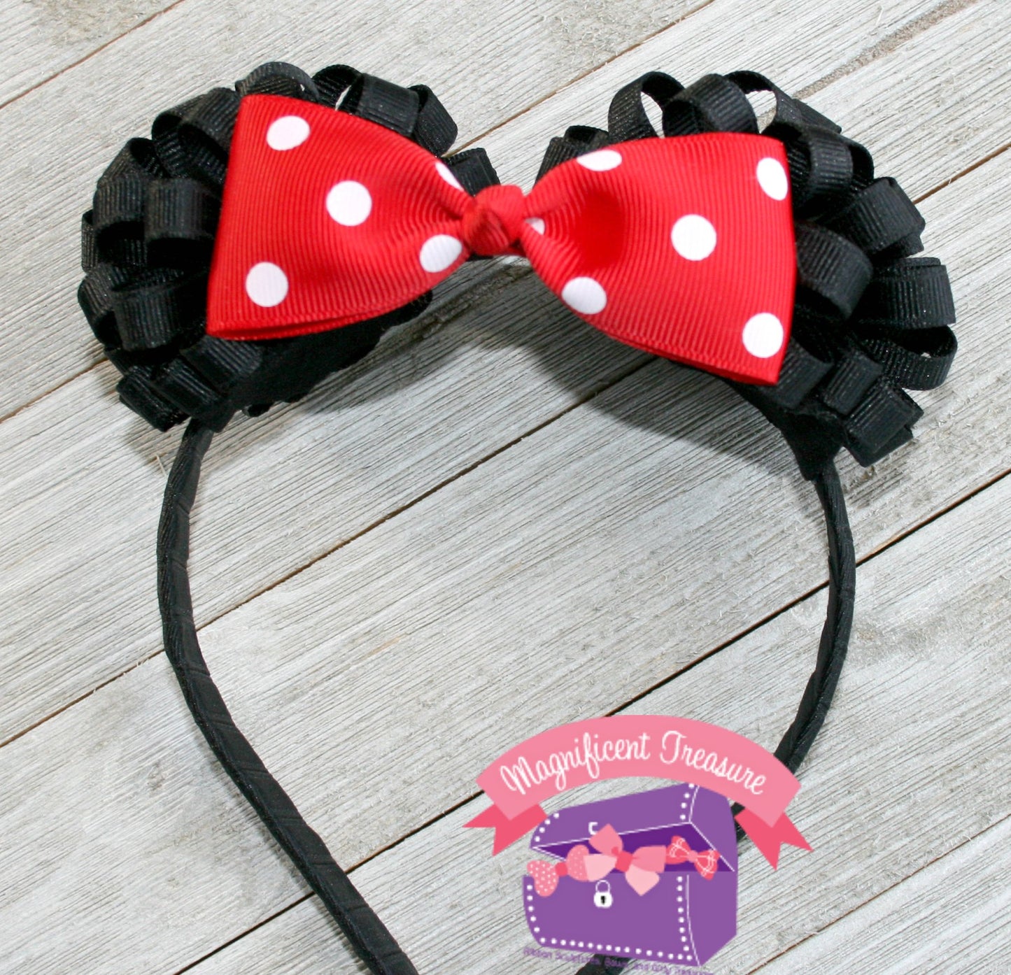 Minnie Mouse Ears Headband with Ribbon Puff Ears