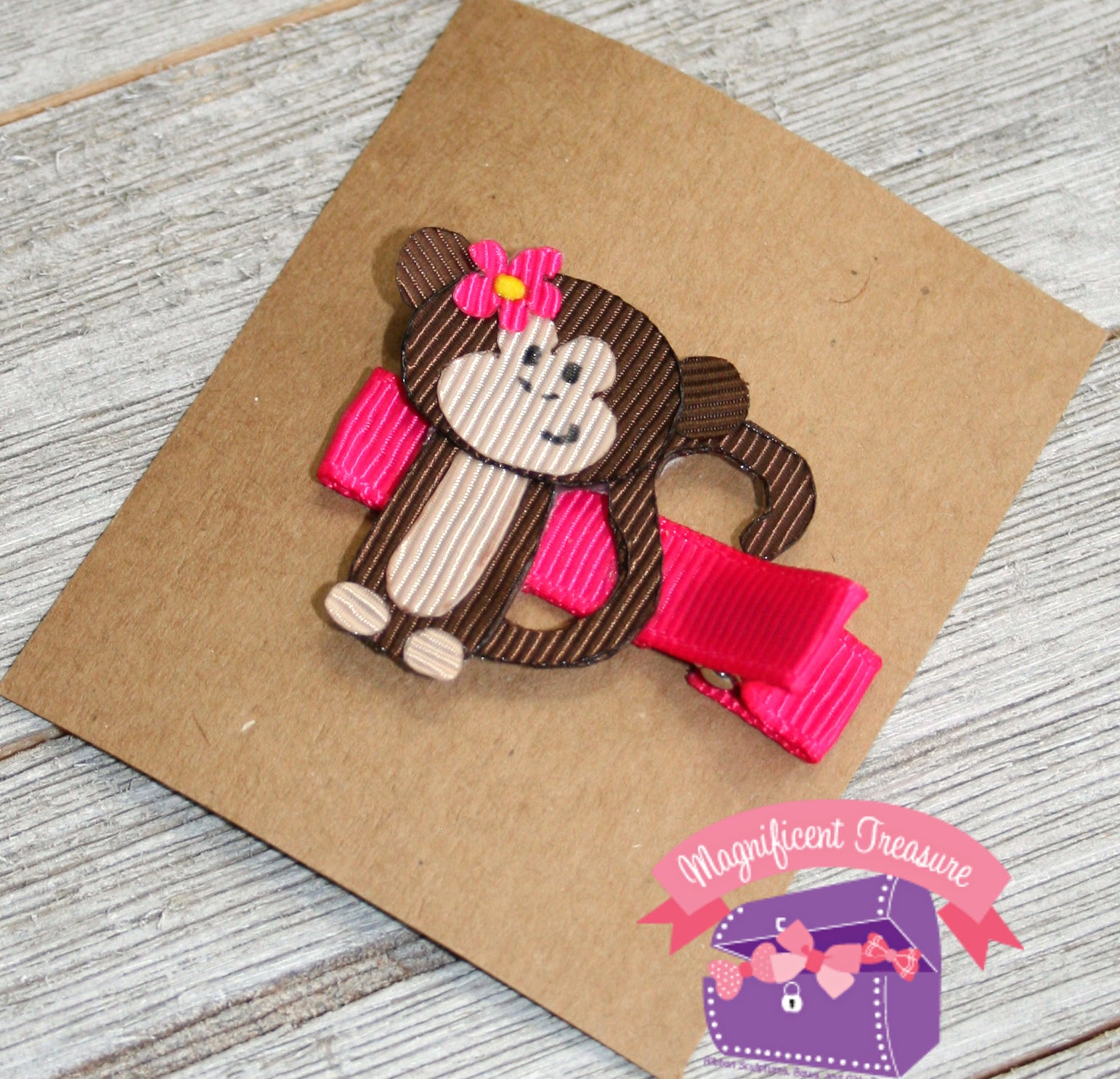 Monkey Ribbon Sculpture Girls Hair Bow Tilted View