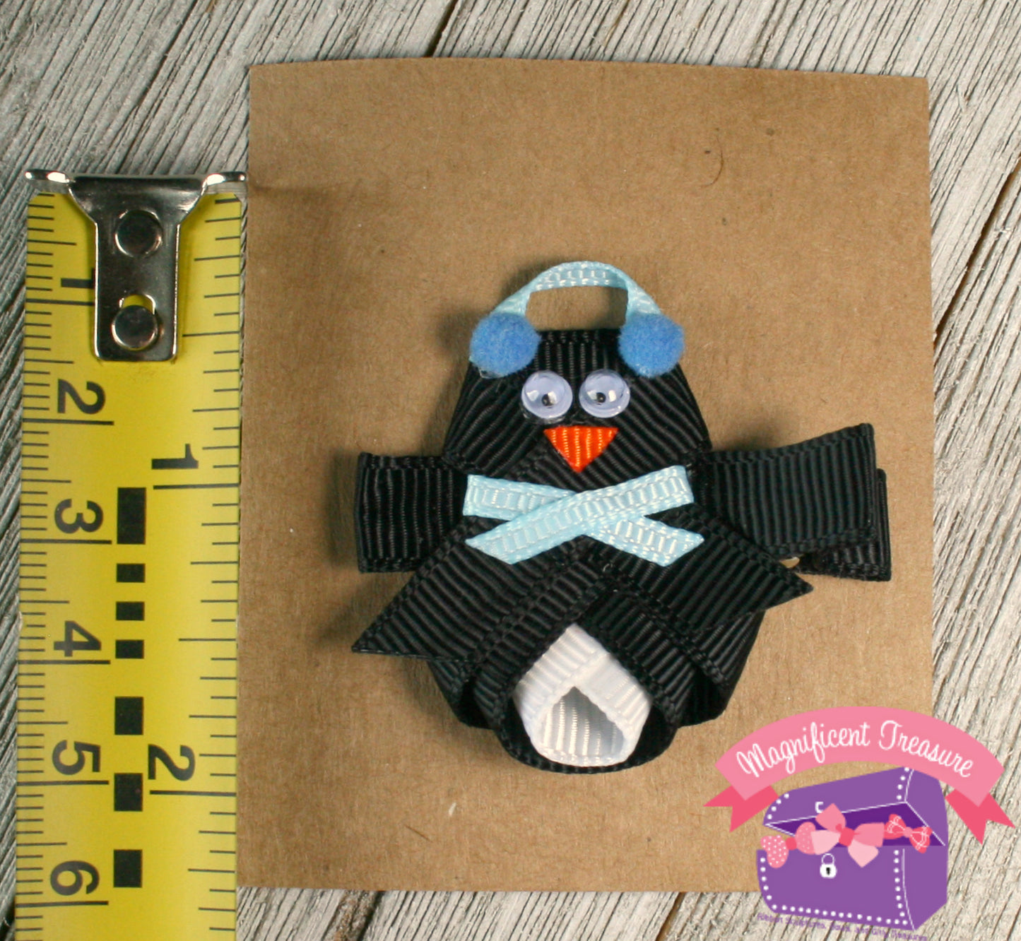 Penguin ribbon sculpture hair bow with earmuffs and scarf size