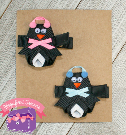 Penguin ribbon sculpture hair bow with earmuffs and scarf front view 2 colors